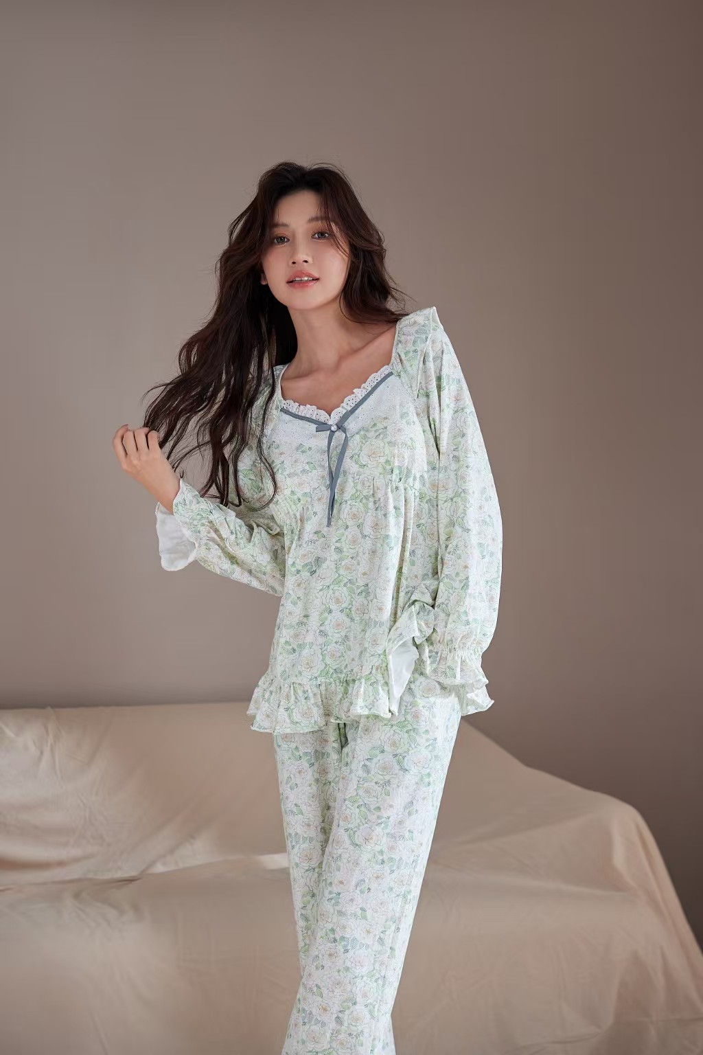 安可可纯棉女轻奢外穿田园风家减龄居服高品质休闲睡衣套装