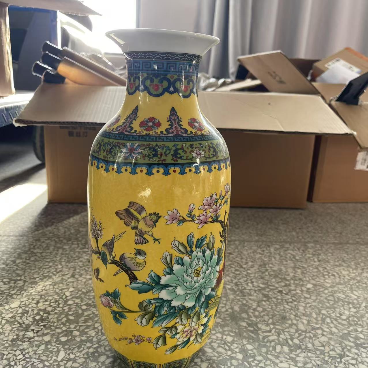 【王家陶瓷】DP-A22帝王黄花鸟观音瓶+底座