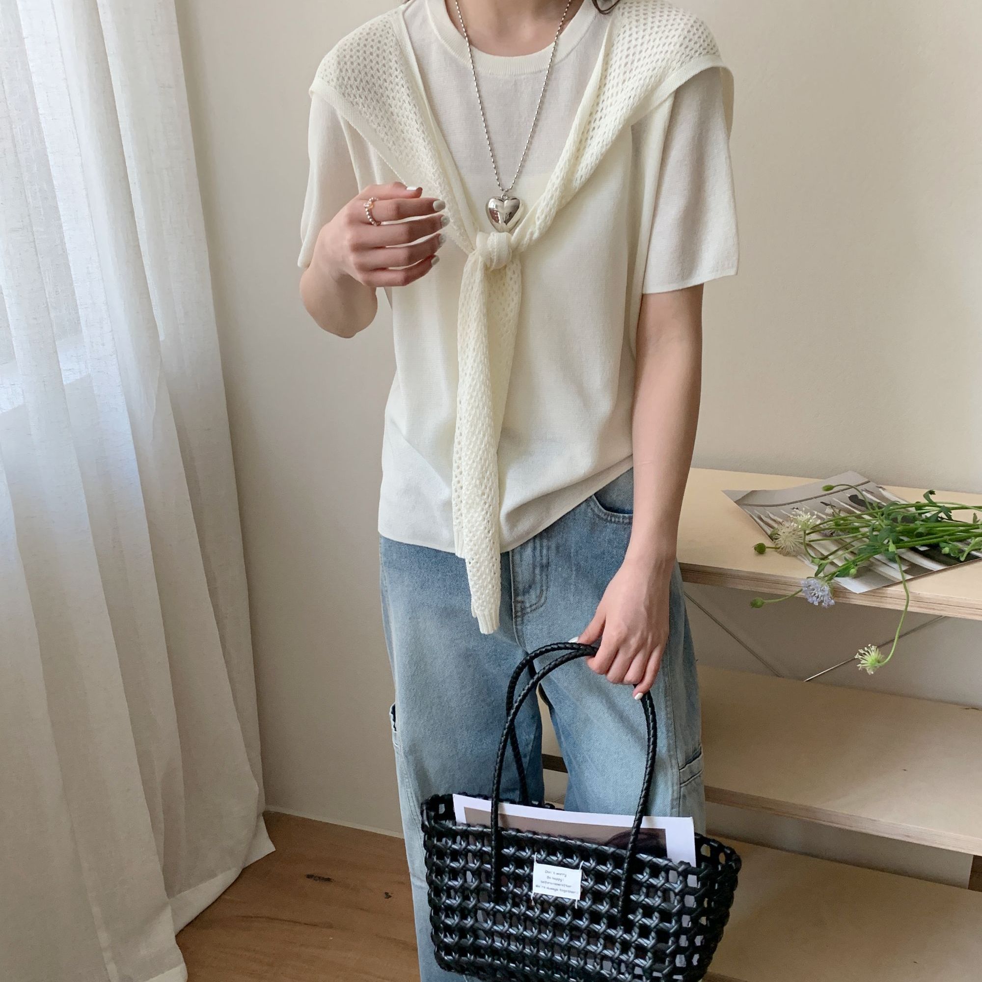 【素简.680131】春款上新天爽亚麻开衩披肩短袖女装上新针织衫