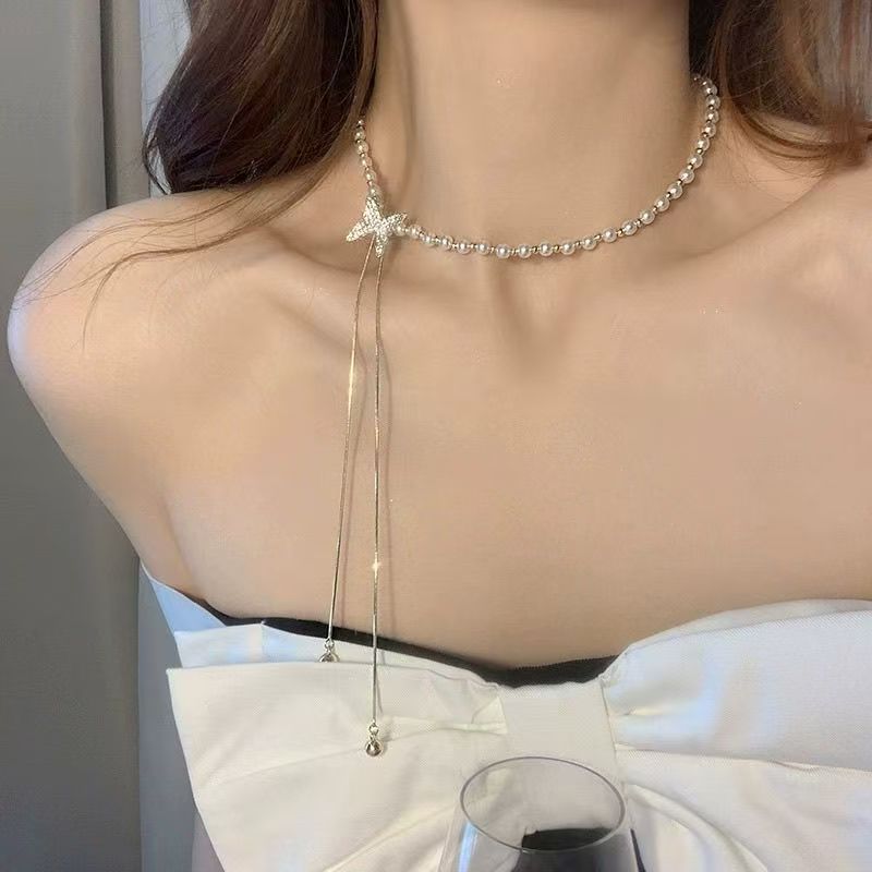 钛钢仿珍珠项链 轻奢高级感小众蝴蝶流苏锁骨链2025新款毛衣链b
