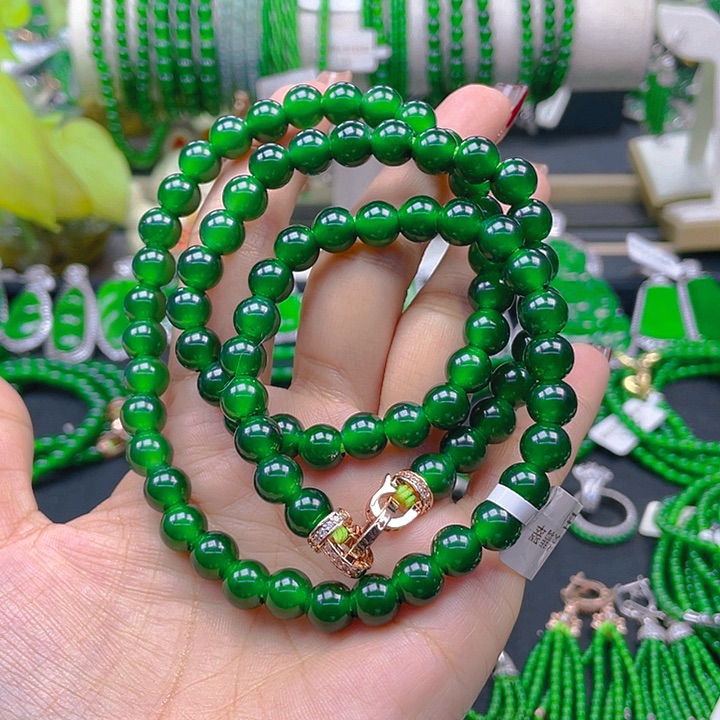 翡翠颈饰未镶嵌草**空圆珠项链8