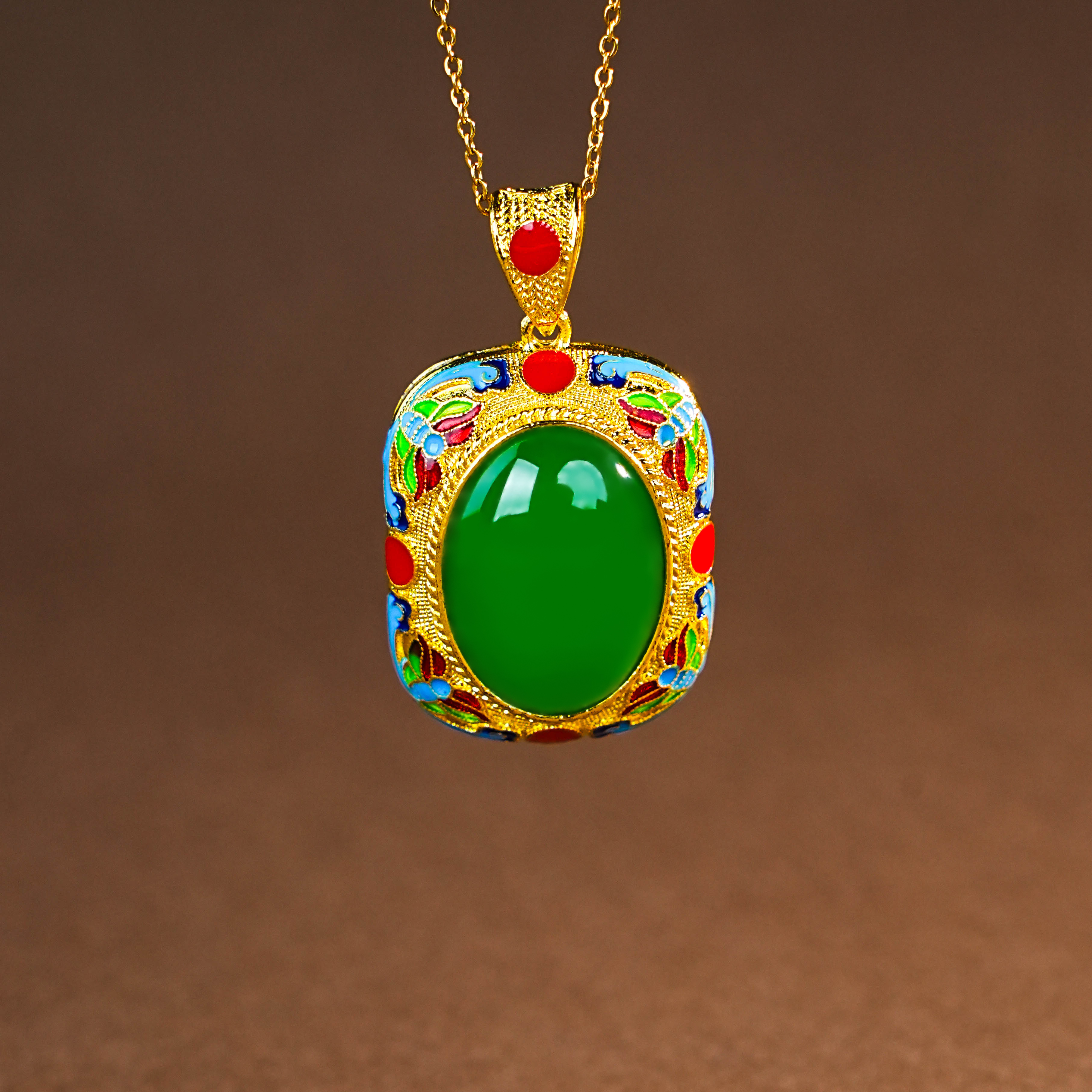 Y-577 珐琅彩 天然绿玉髓方形吊坠 【赠链】