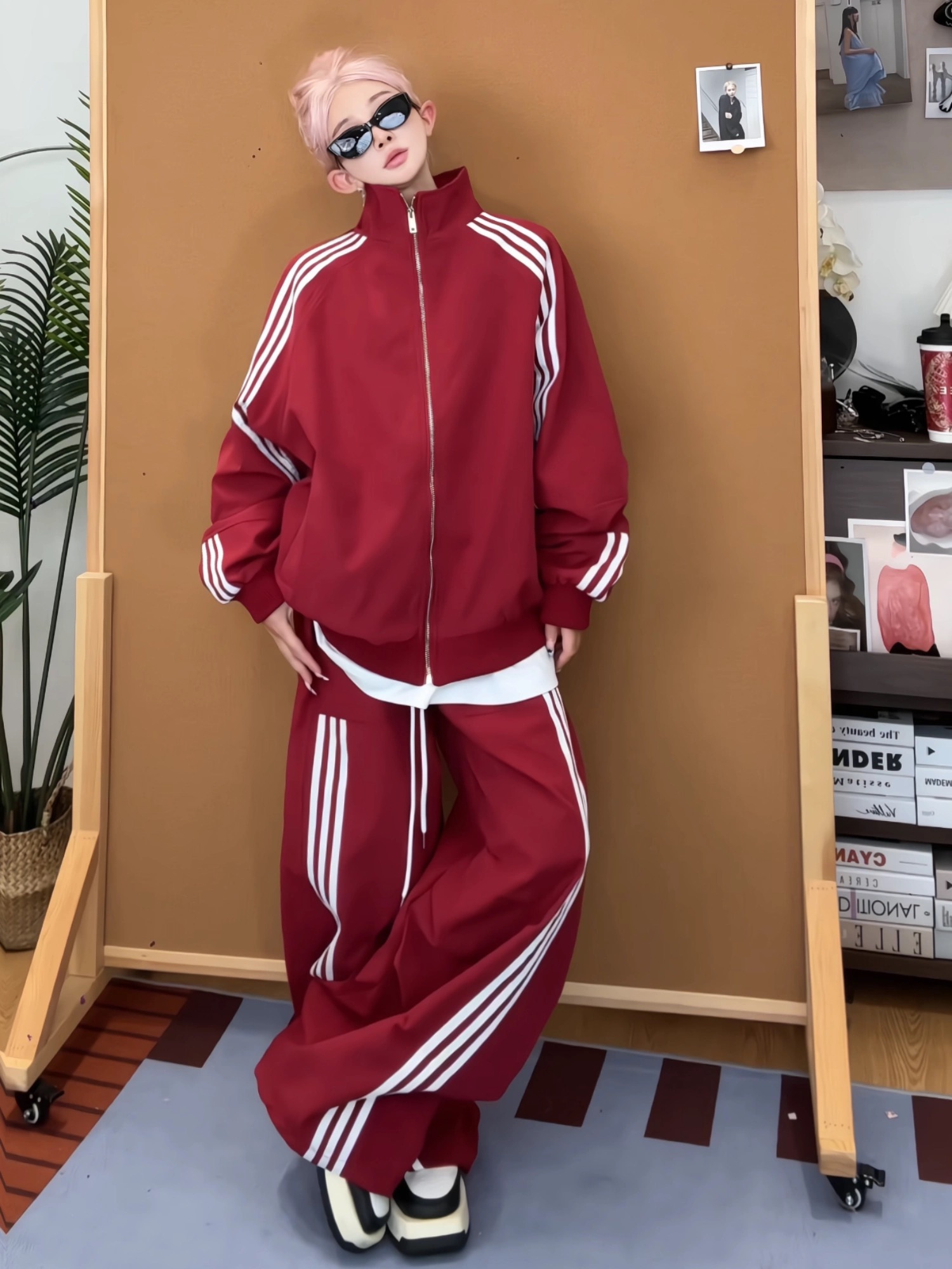 胖妹妹美式复古三条杠立领夹克外套长裤男女宽松运动休闲套装2889