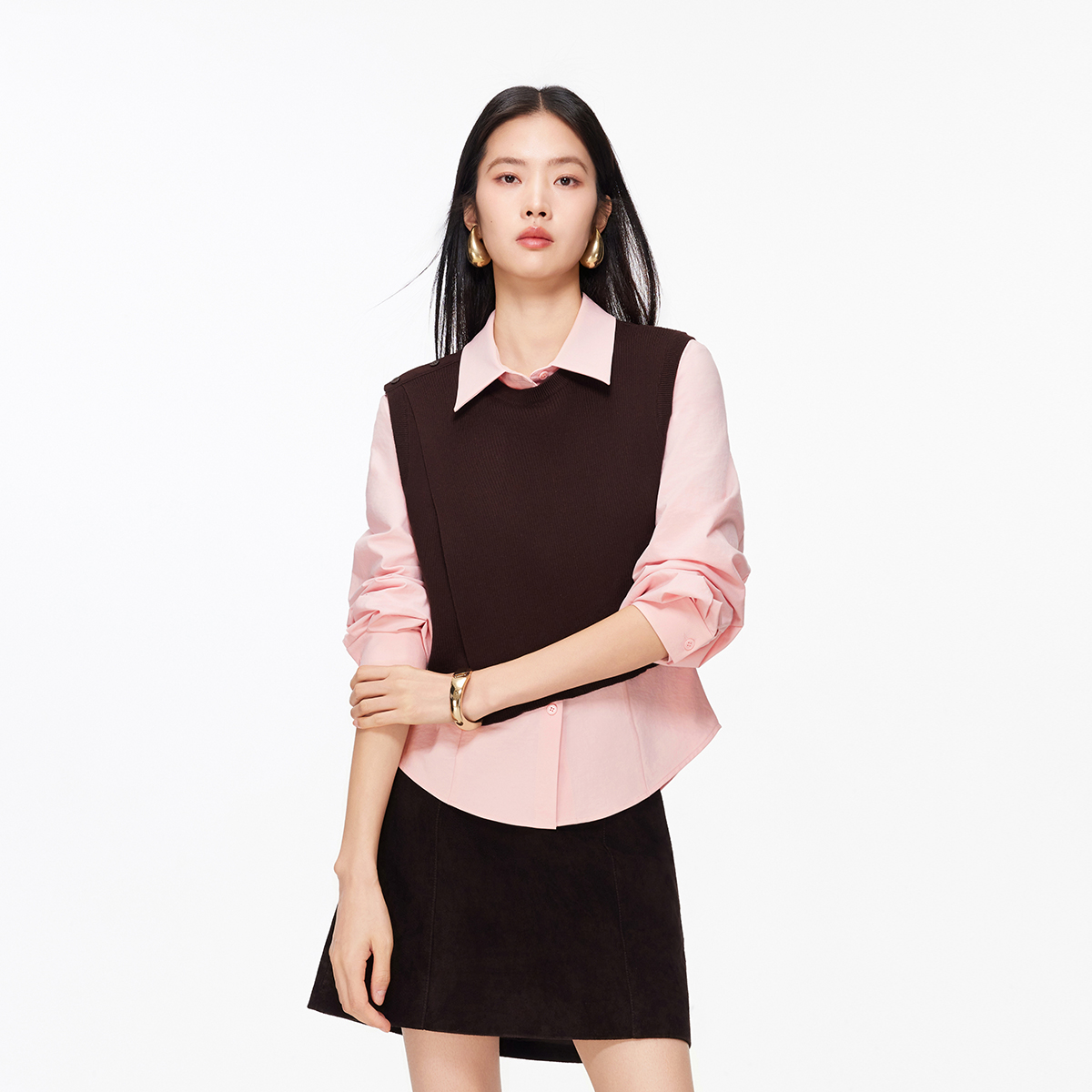 Vero Moda衬衫女2026春季新款真两件不规则针织背心衬衫326105033