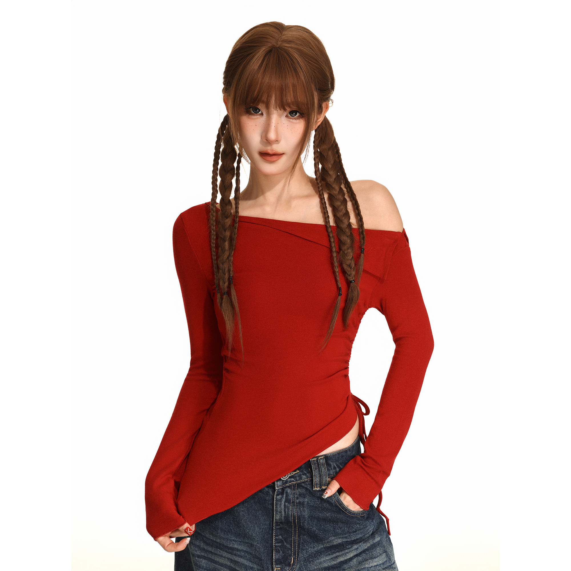 QYao Girls红色斜领露肩长袖T恤女春秋紧身甜辣妹修身显瘦打底上