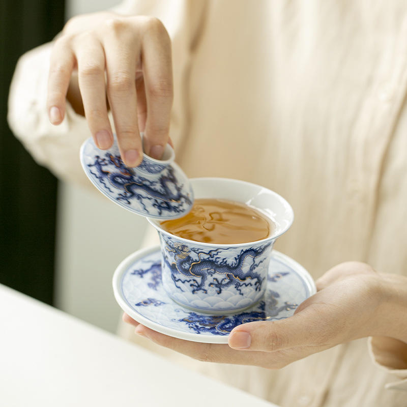 仿古青花金银错龙纹三才盖碗陶瓷功夫茶具茶碗家用高端泡茶器批发