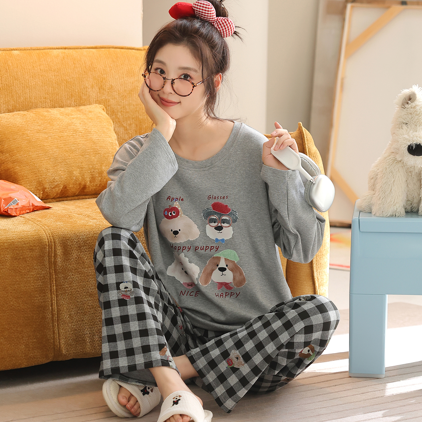 卡之恋睡衣女春秋季新款长袖纯棉卡通派对小狗家居服