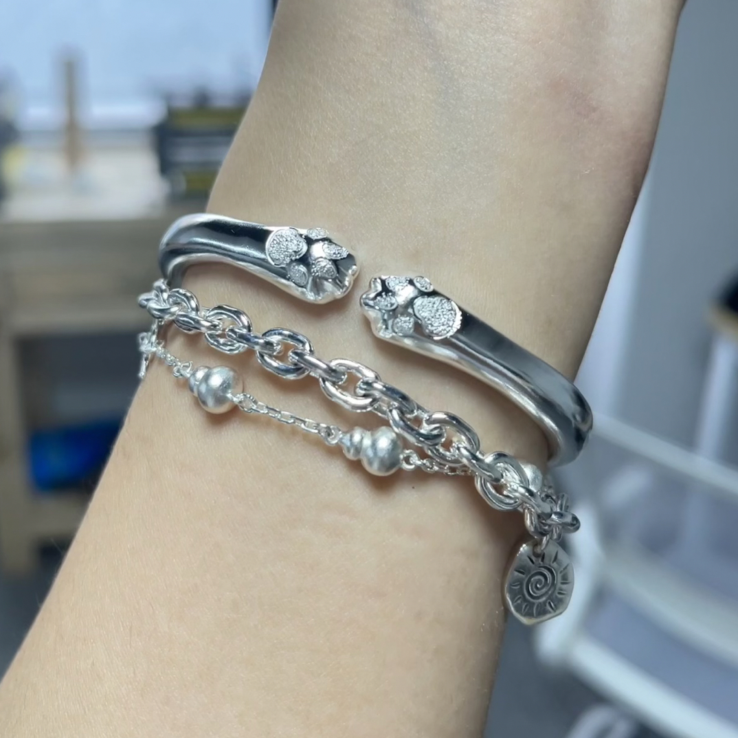 足银银制品 足银999手镯 猫爪银手镯纯手工定制款简约款