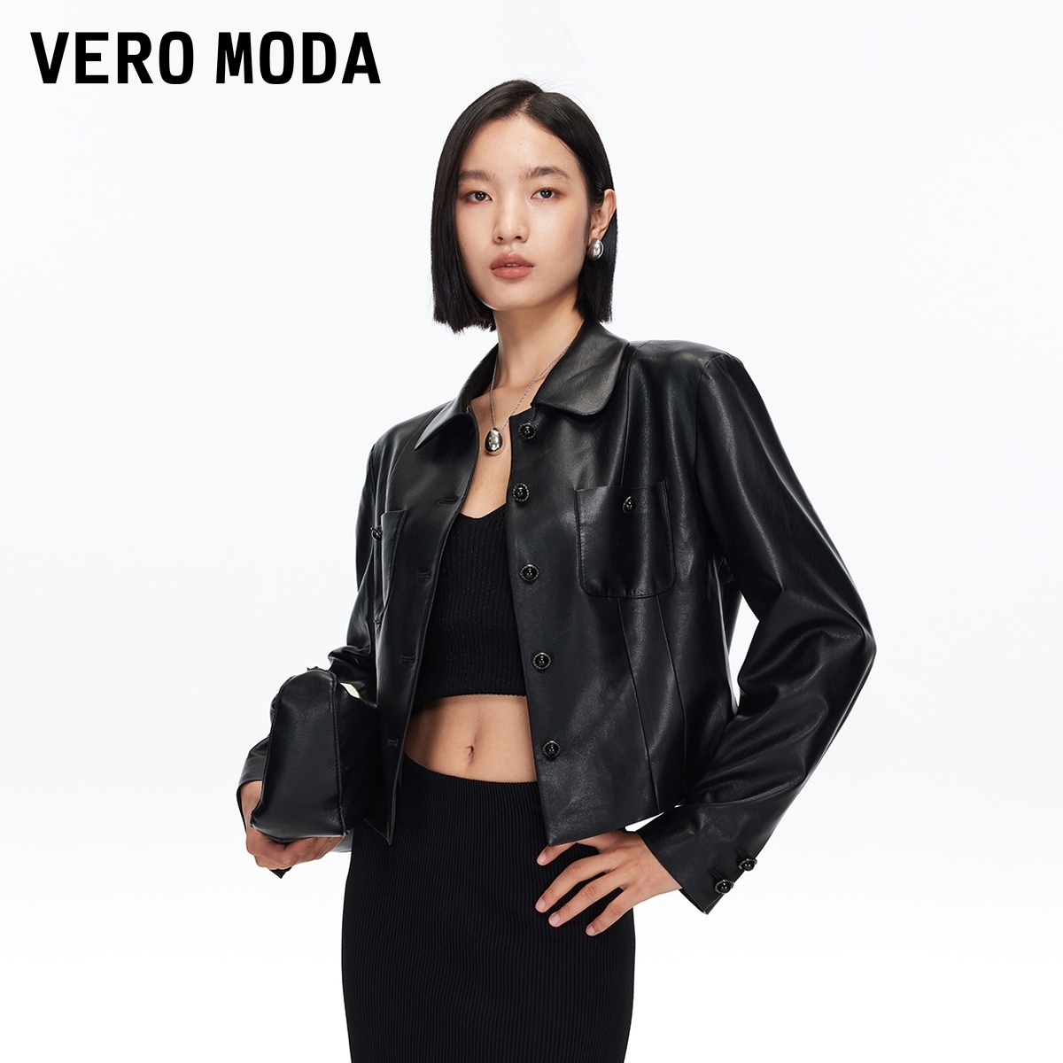 Vero Moda夹克2025秋季新PU仿皮翻领短外套百搭时尚松弛感慵懒风