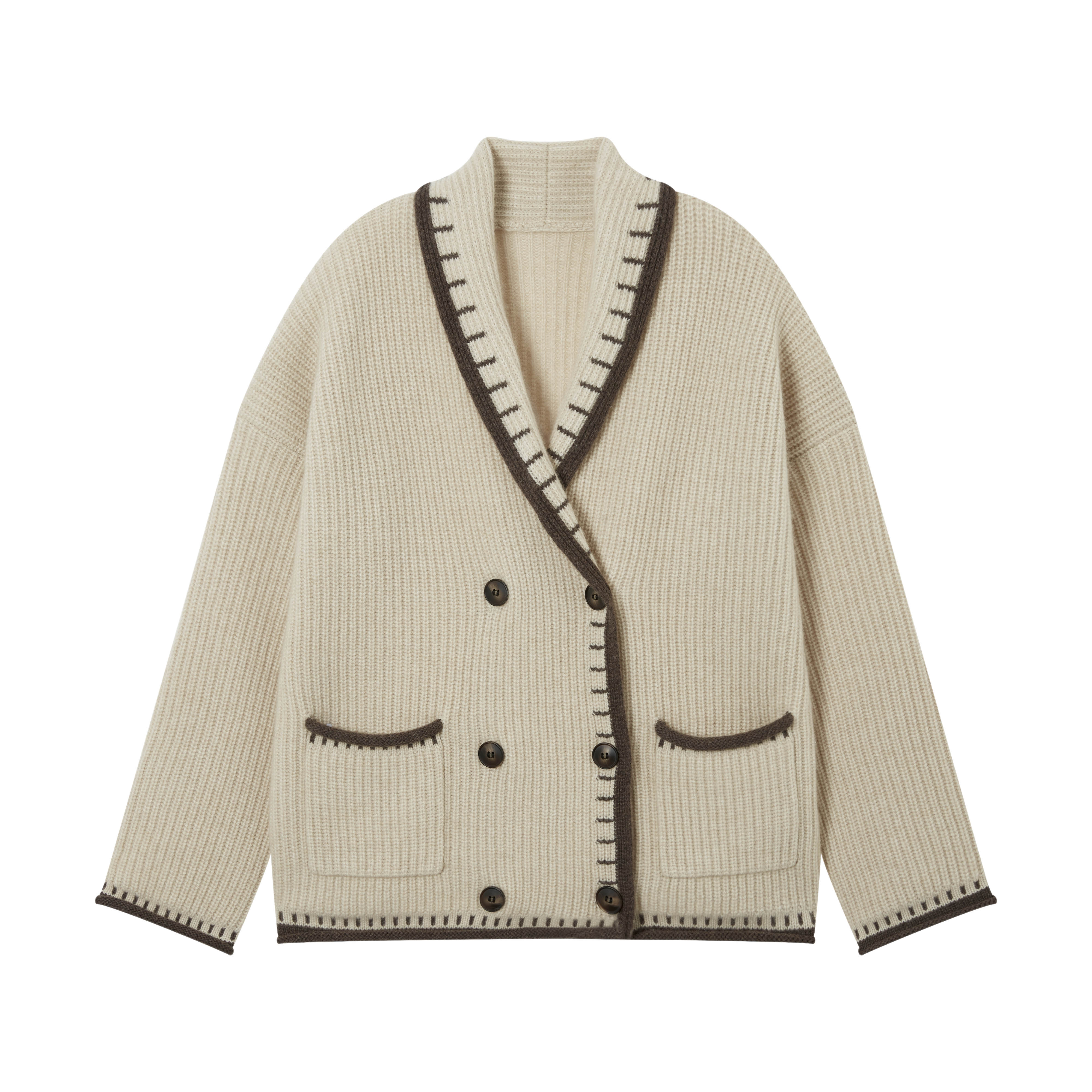 复古撞色双排扣羊绒开衫女青果领针织上衣BM00240