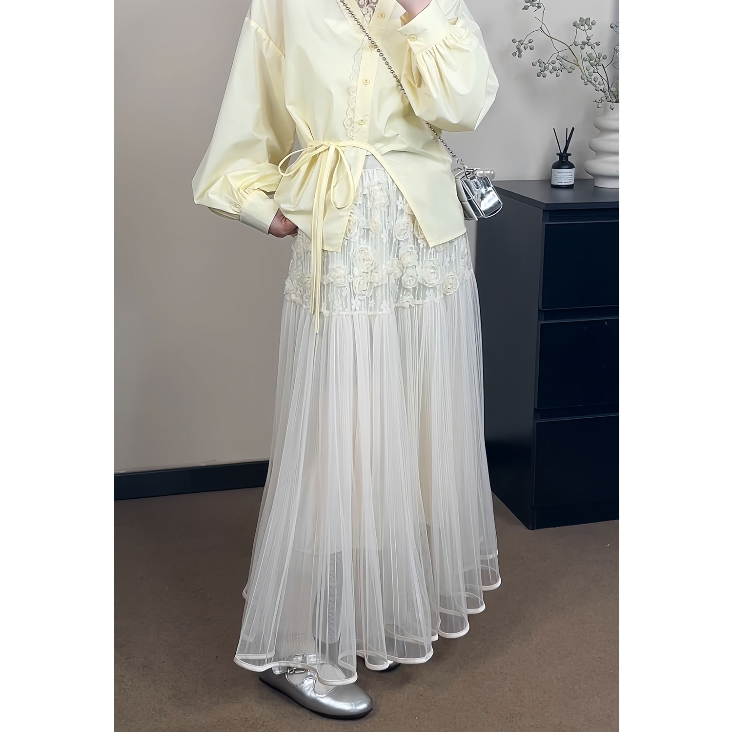 YAMM~法式重工立体花朵网纱半身裙高腰显瘦仙女长裙