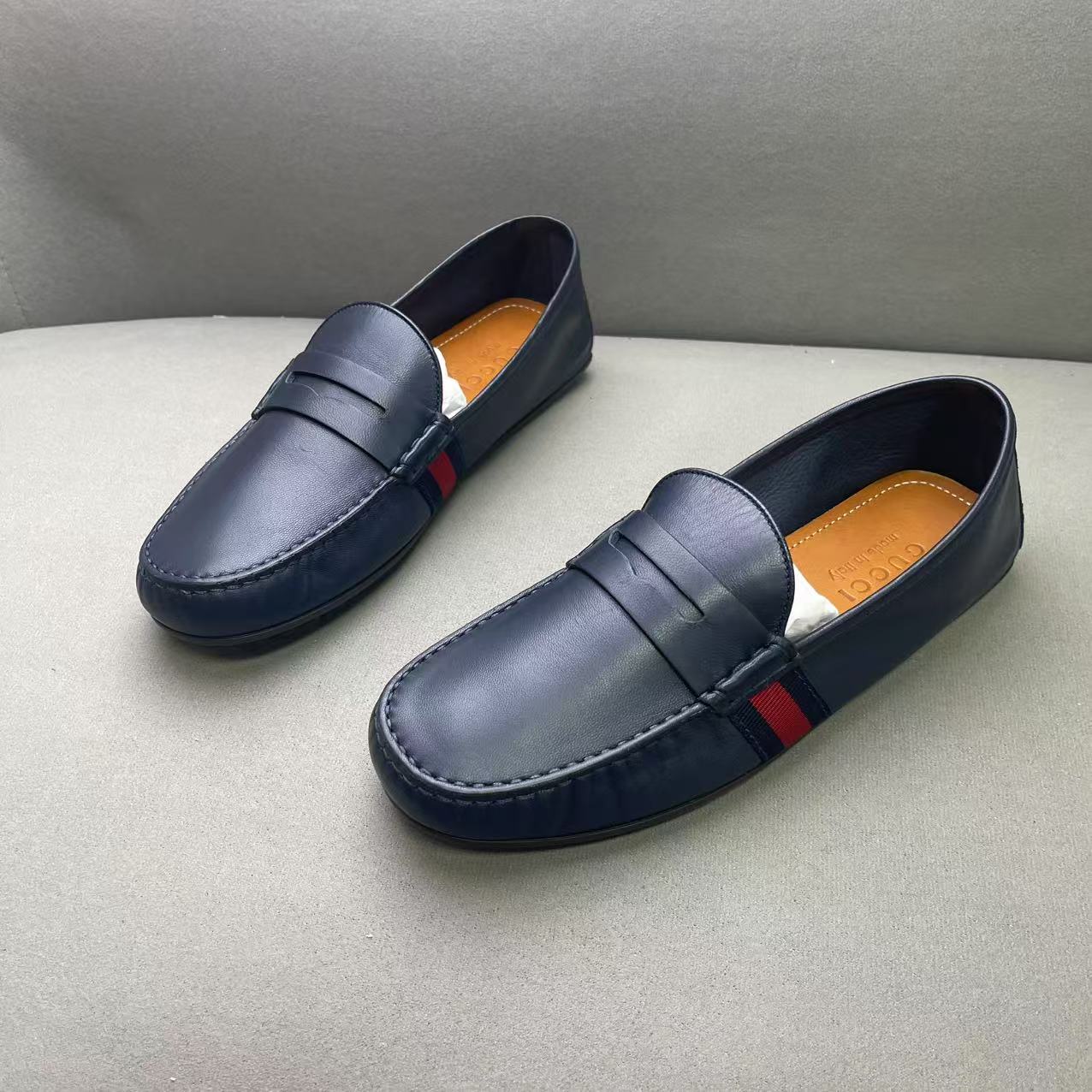 未使用 GUCCI/古驰 藏蓝色皮面红蓝系带休闲豆豆鞋 40.5码/全新