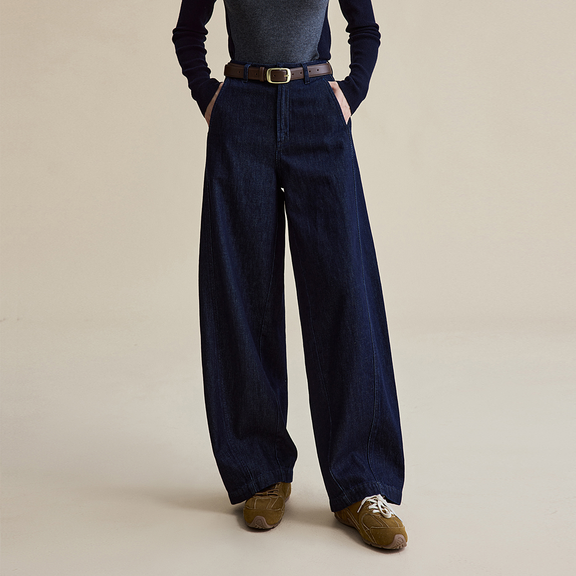 复古蓝牛仔女25秋新款时尚分割线弯刀阔腿显瘦深色牛仔裤