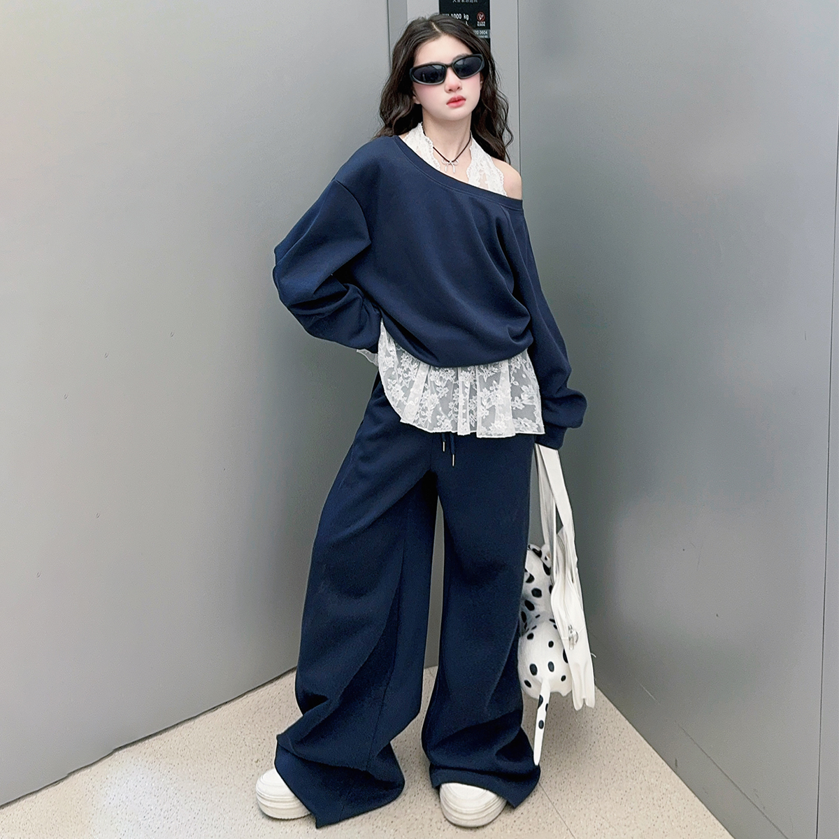 【酷哒仔】女童蕾丝内搭斜肩卫衣三件套2025春秋爵士舞中大童套装