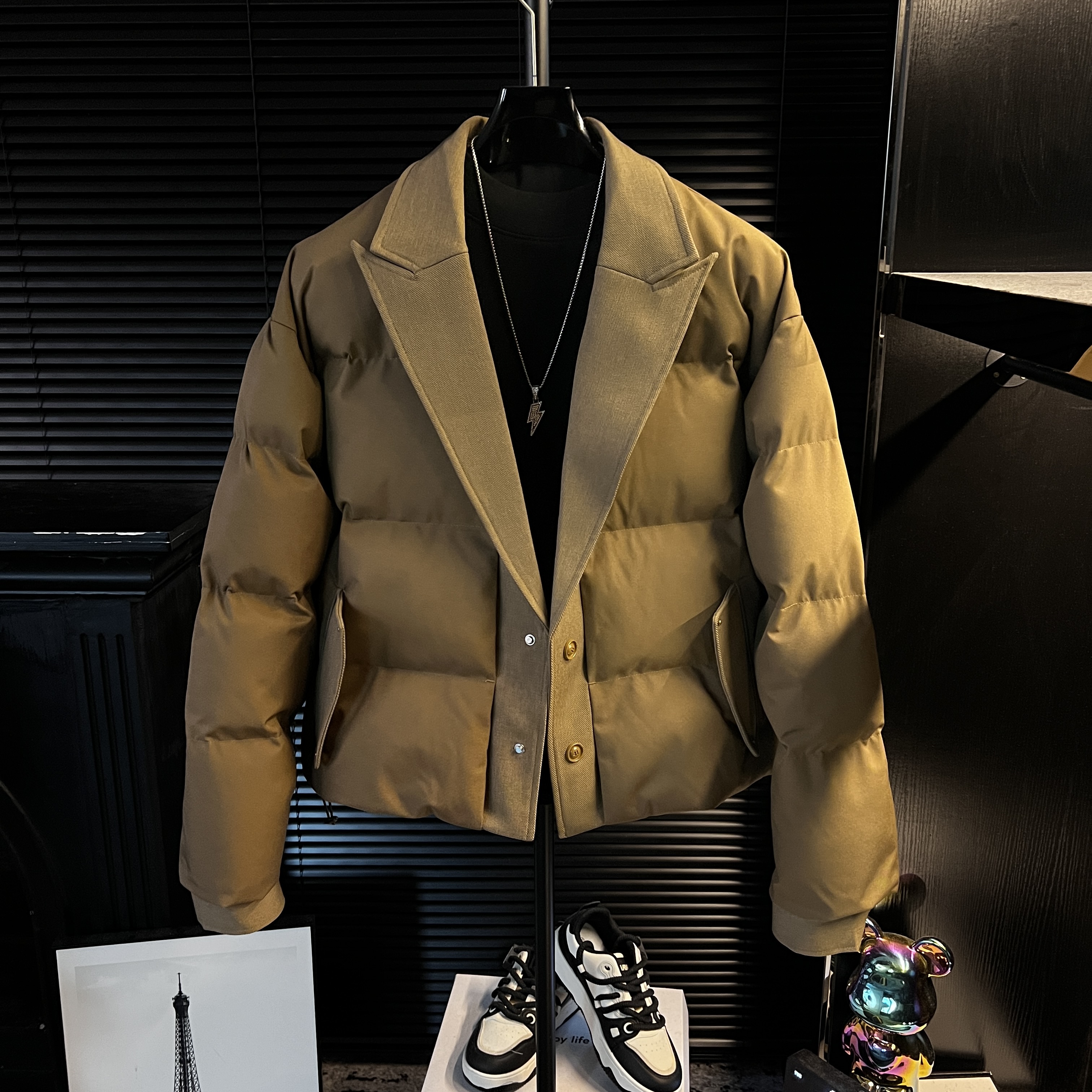 SK(运费补贴）-韩系高级感轻奢时尚西装领拼接男士棉服加厚时尚