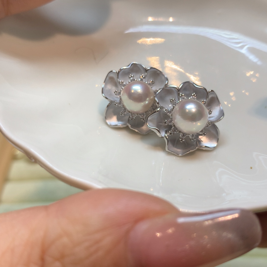 海水珍珠耳饰银S925镶嵌