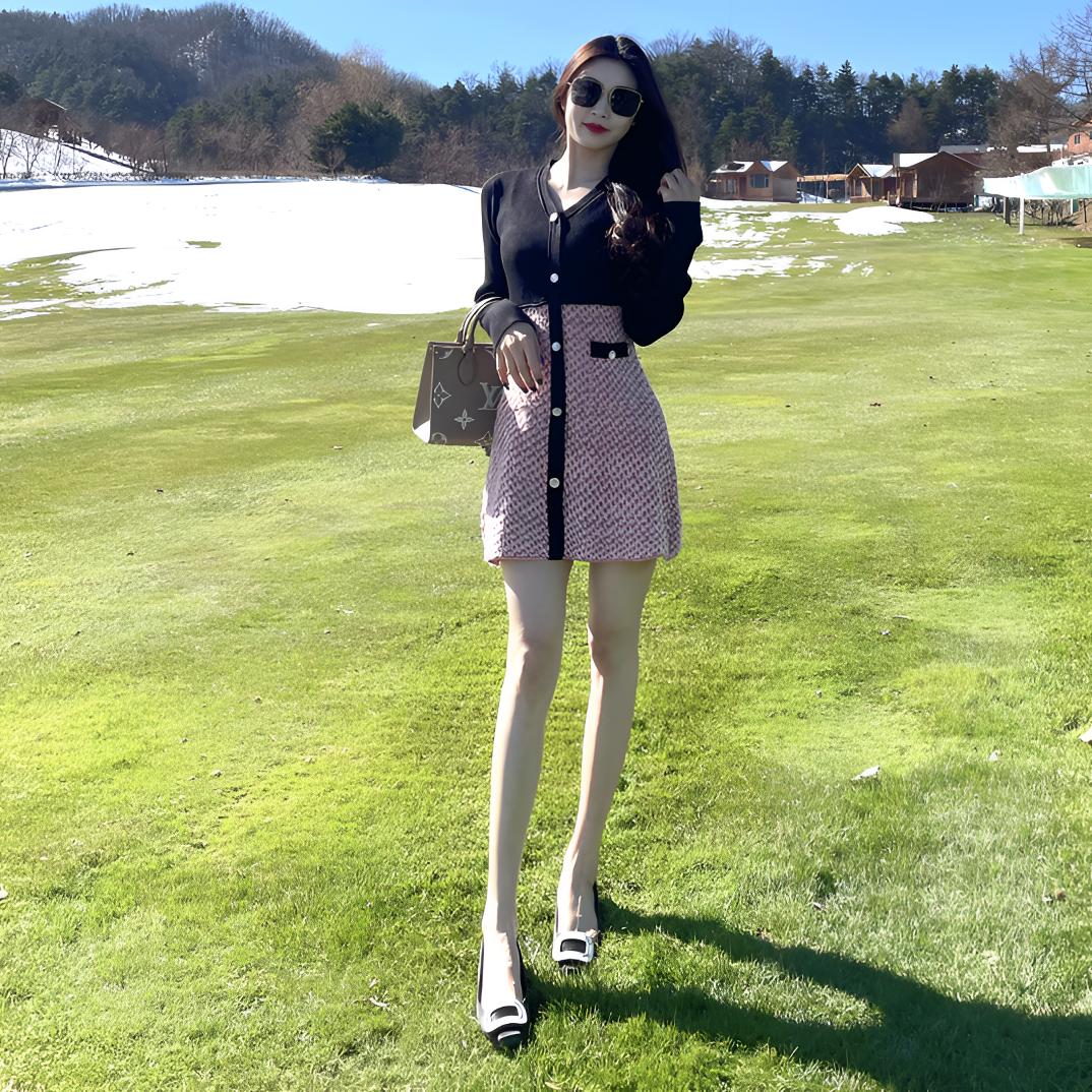 粉色小香风拼接黑色显瘦修身收腰厚款针织连衣裙气质时尚秋季高腰