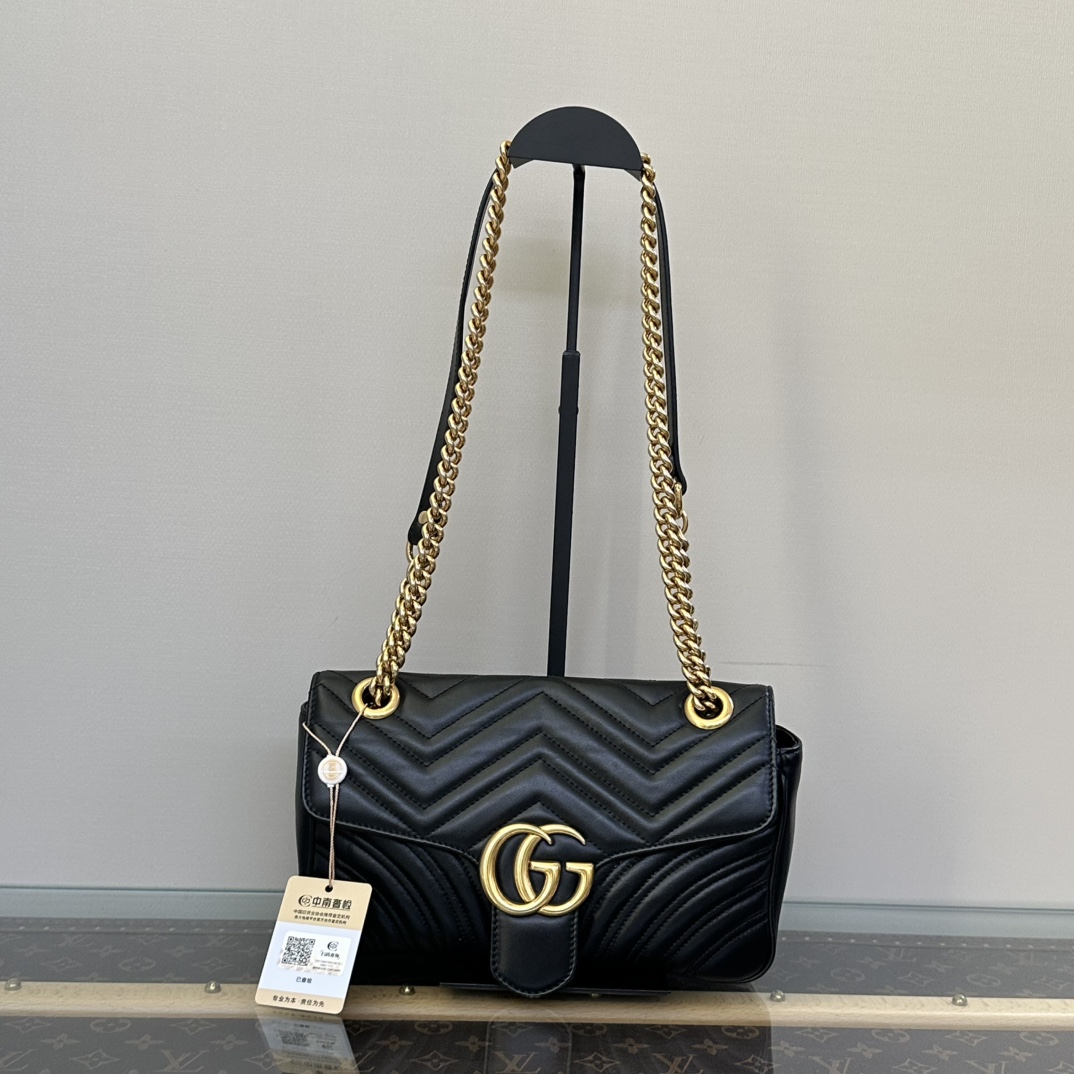 95新 GUCCI/古驰 黑金Marmont马蒙26单肩斜挎链条包53389