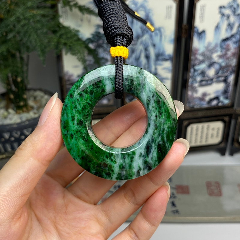 老料藓加绿怀古甜甜圈玉环挂件 天然翡翠A货