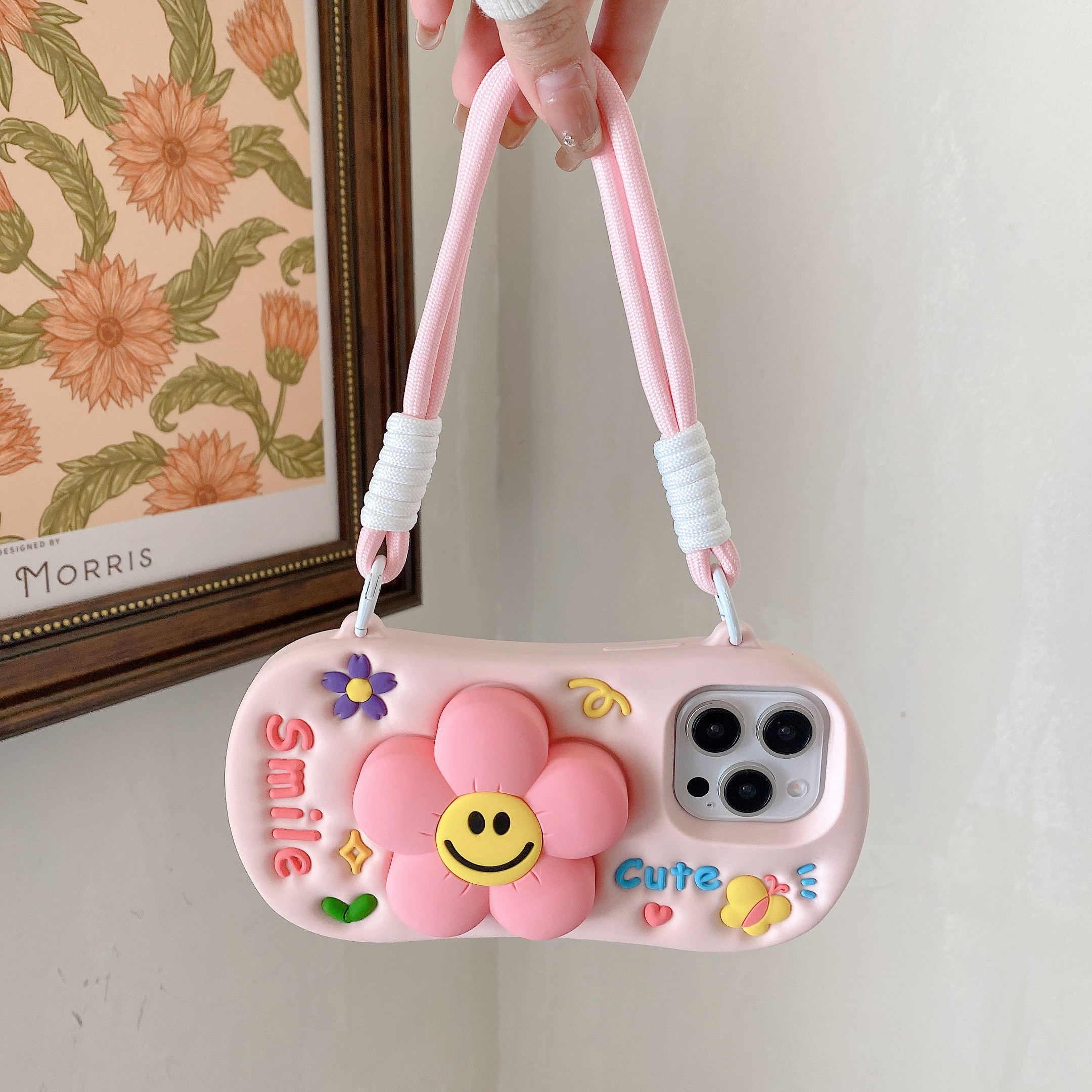 苹果|粉色横板花朵支架可爱手提挂绳适用iPhone17硅胶防摔手机壳