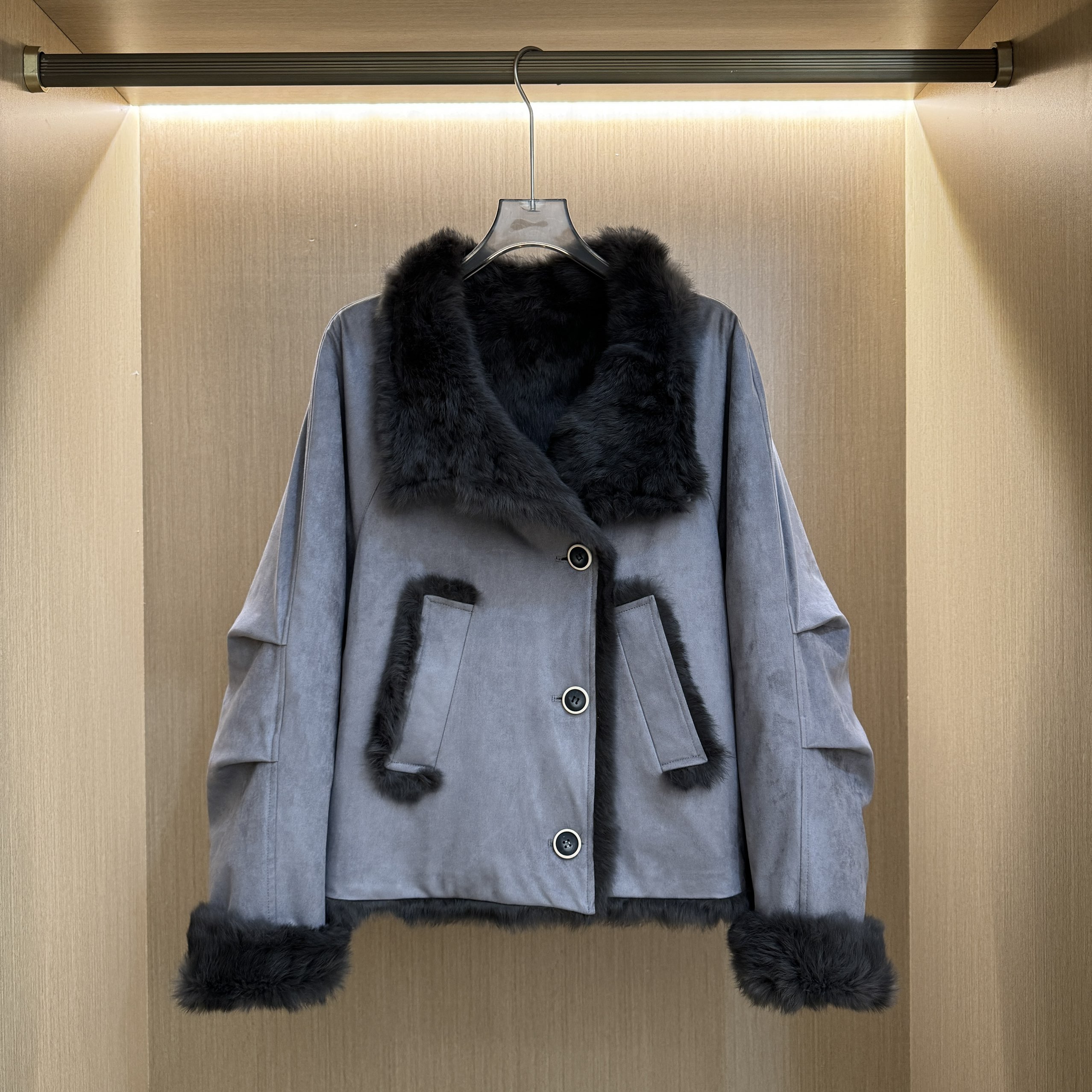 【冬日暖阳】2025冬季新款立领简约休闲两面穿兔毛外套女