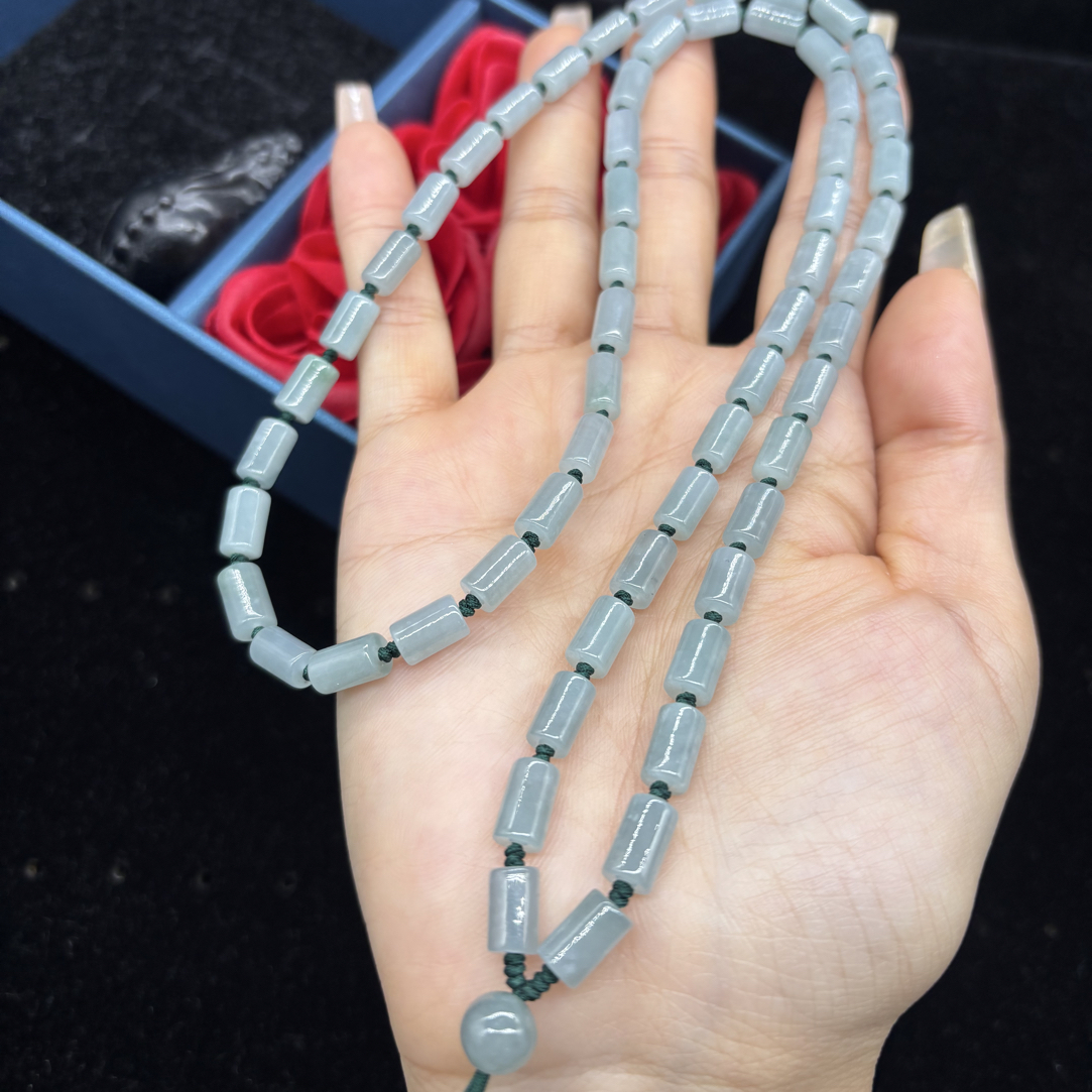 保真天然翡翠A货蓝水桶珠6mm玉石挂件绳毛衣链项链长链男士百搭款