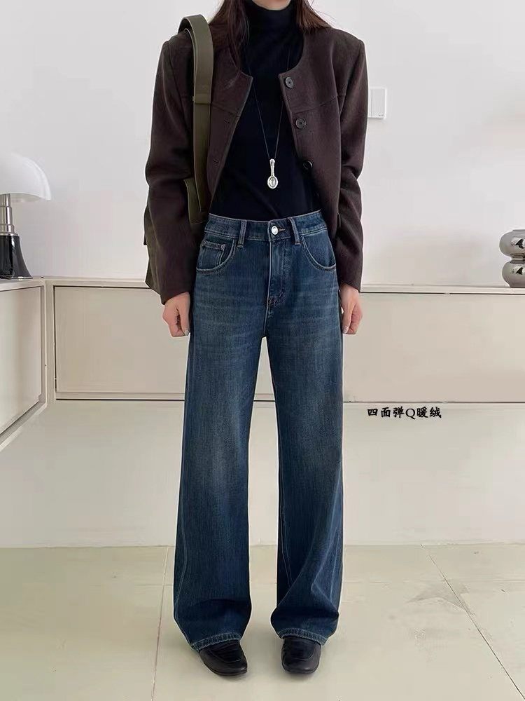 SU【881】代85  愫玥   女冬季森调弹力Q暖绒蓝色窄版阔腿裤