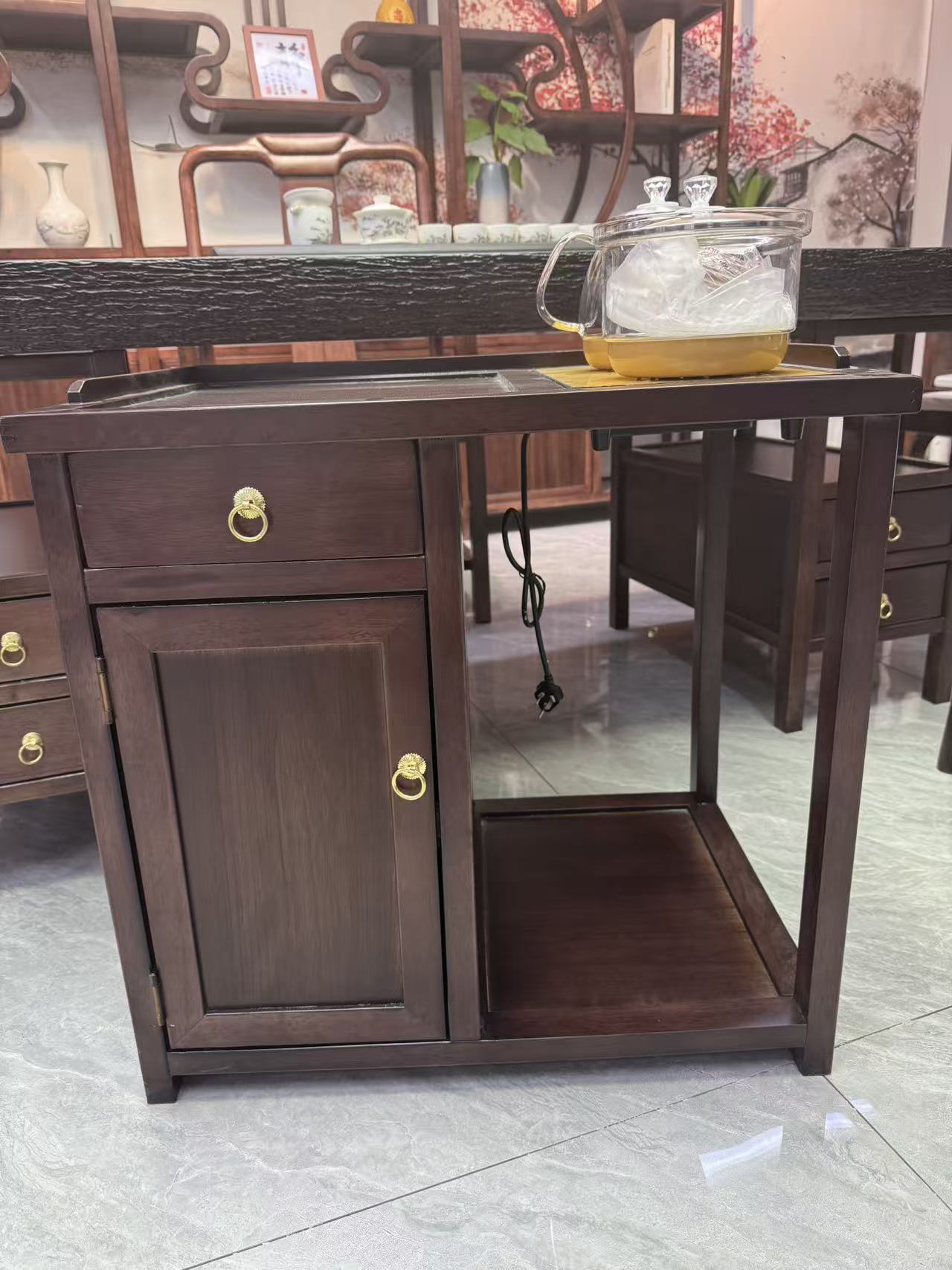 中式推拉经济型置物柜茶水柜餐边柜禅意桌椅储物柜茶桌茶台一整套