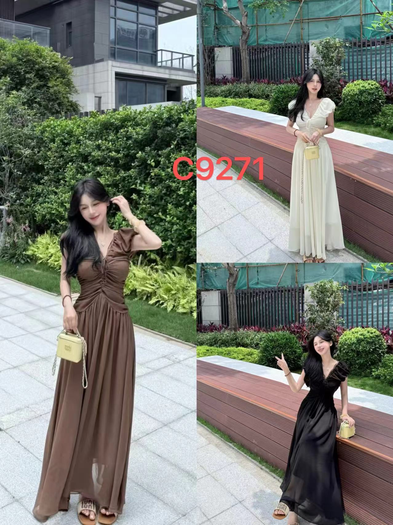 9271珍珍家 气质V领蕾丝拼接褶皱掐腰显瘦连衣裙