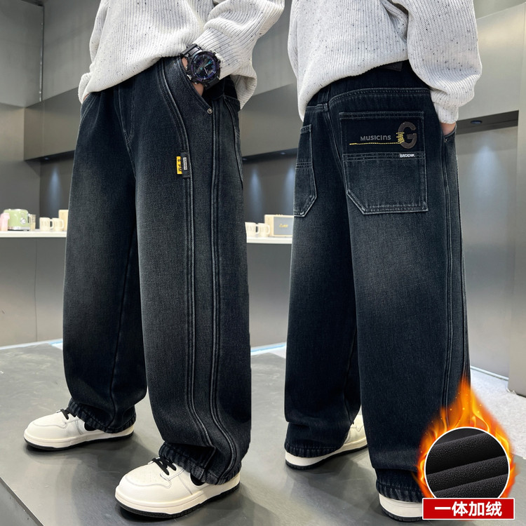 男童冬季新款儿童一体绒牛仔裤男童加绒加厚直筒休闲青少年长裤