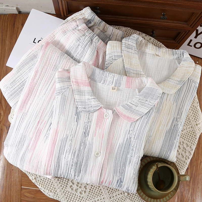 女士秋冬四层纱布棉全棉加厚娃娃领条纹长袖长裤睡衣家居服套装