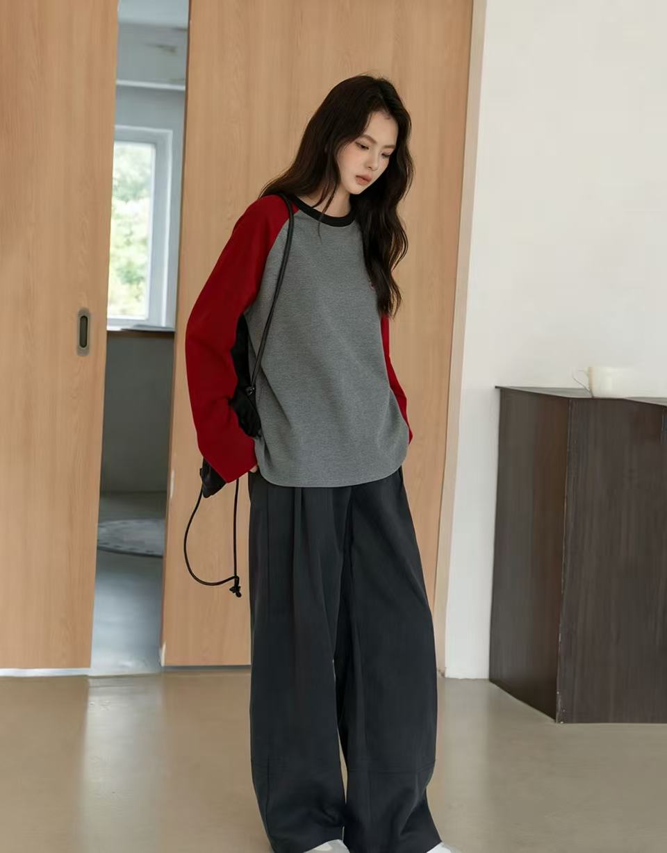 心动撞色拼接袖圆领长袖打底休闲T恤 KI04