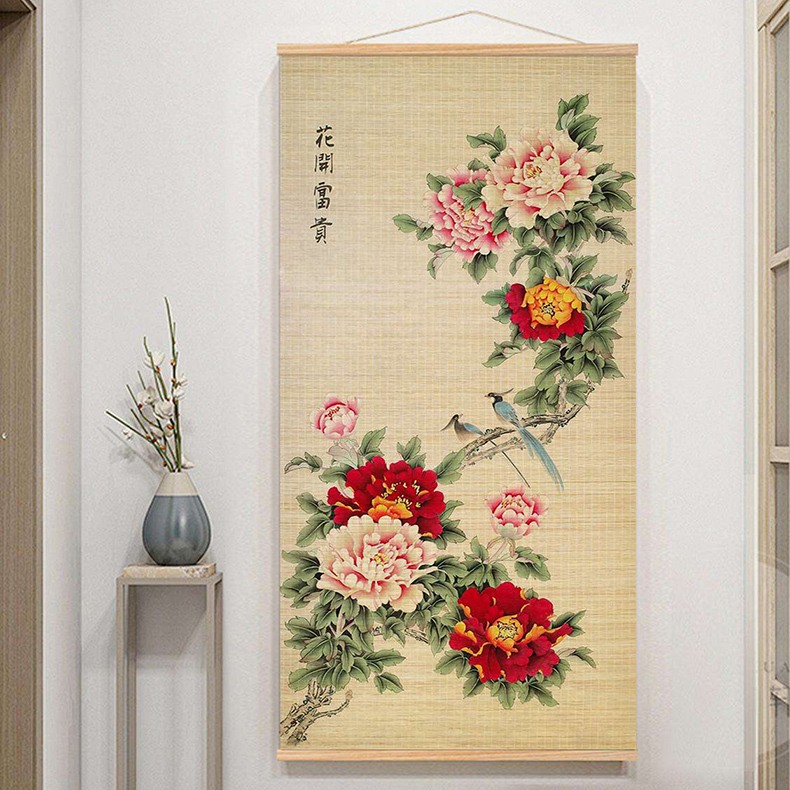 花开富贵牡丹花竹帘挂画客厅玄关走廊入户装饰寓意吉祥壁画印花竹