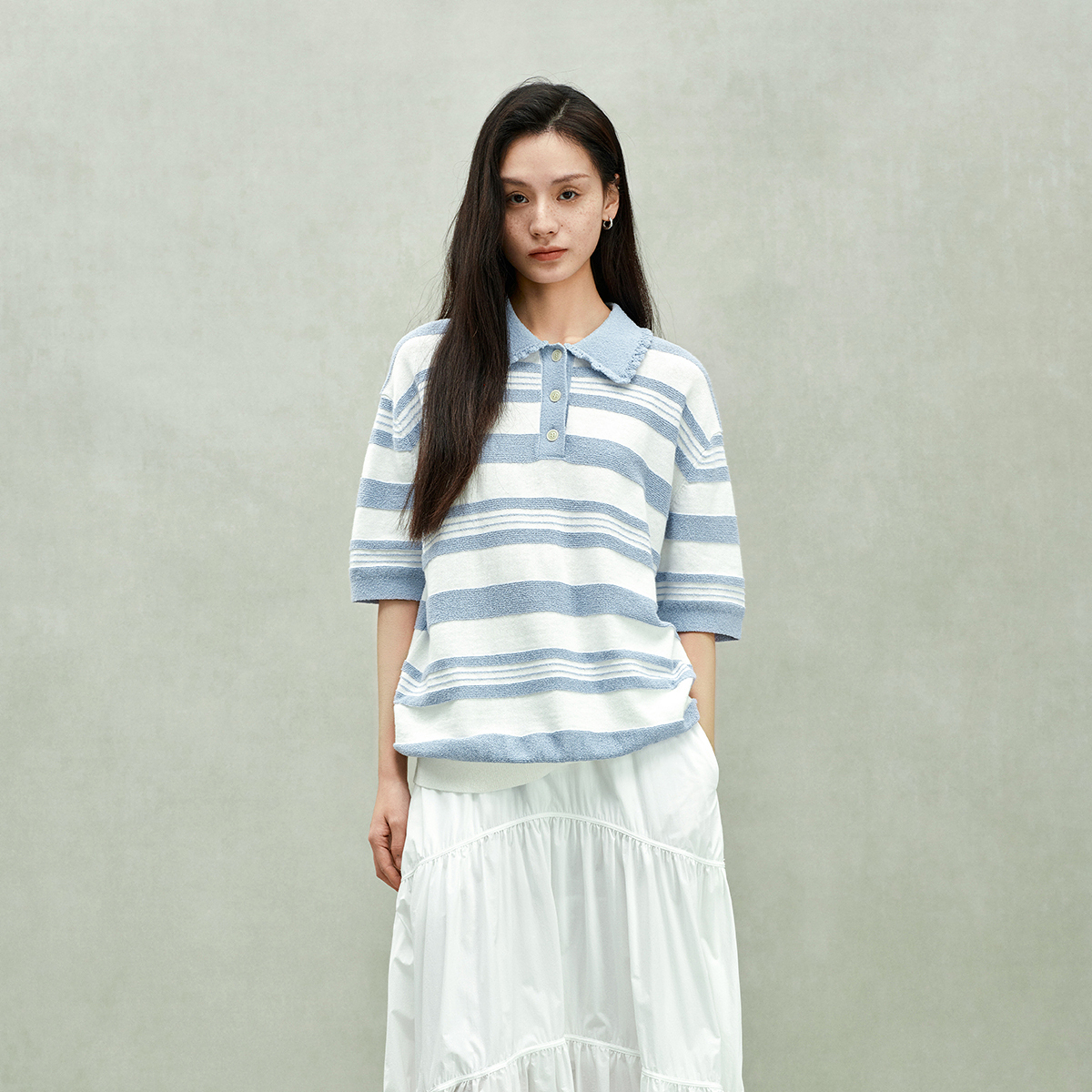 03089F【丽公主】欧时力亚麻棉polo领条纹短袖针织衫女上衣25春季