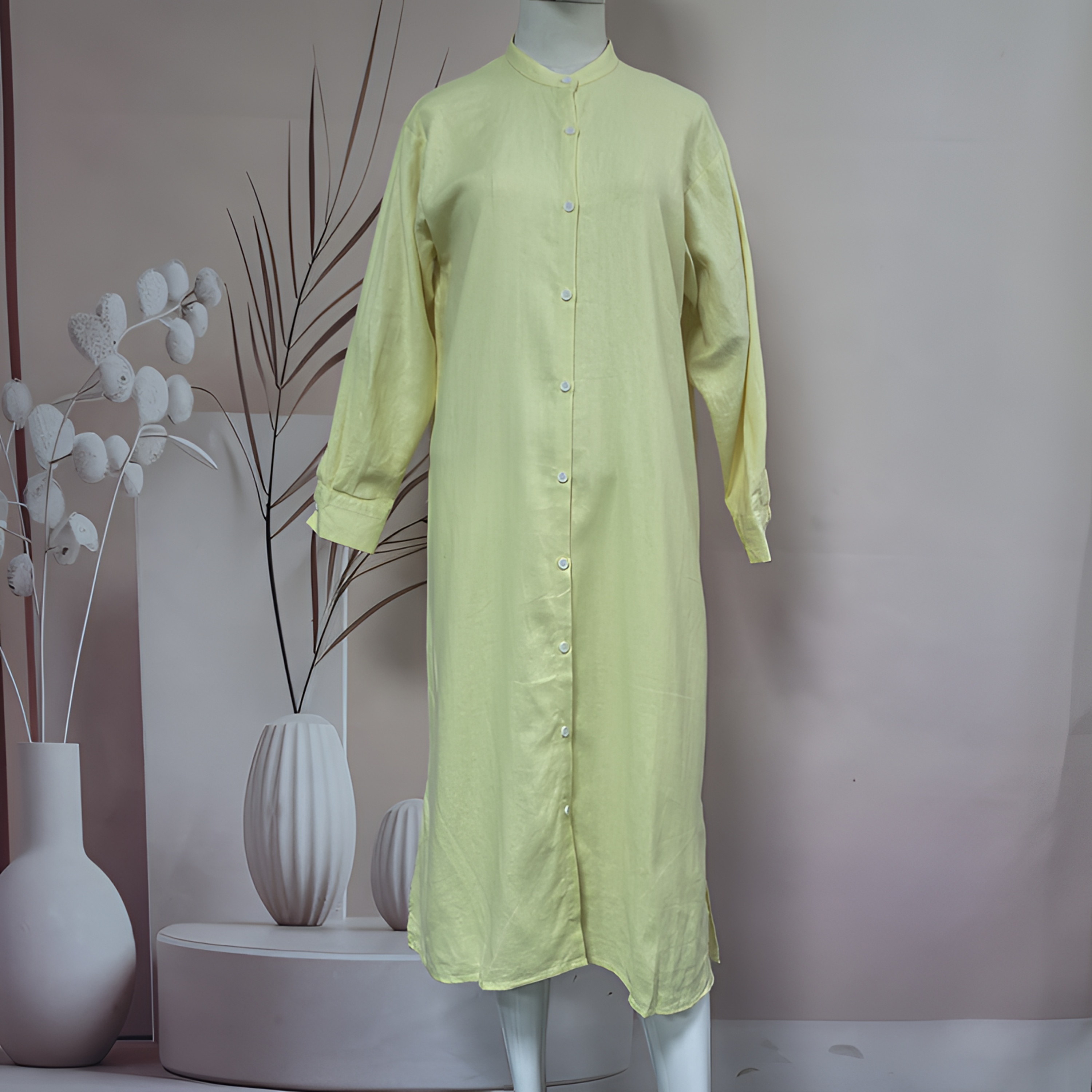 日系立领春秋宽松长衬衫时尚中长款夏季绿色连衣裙气质长袖长裙