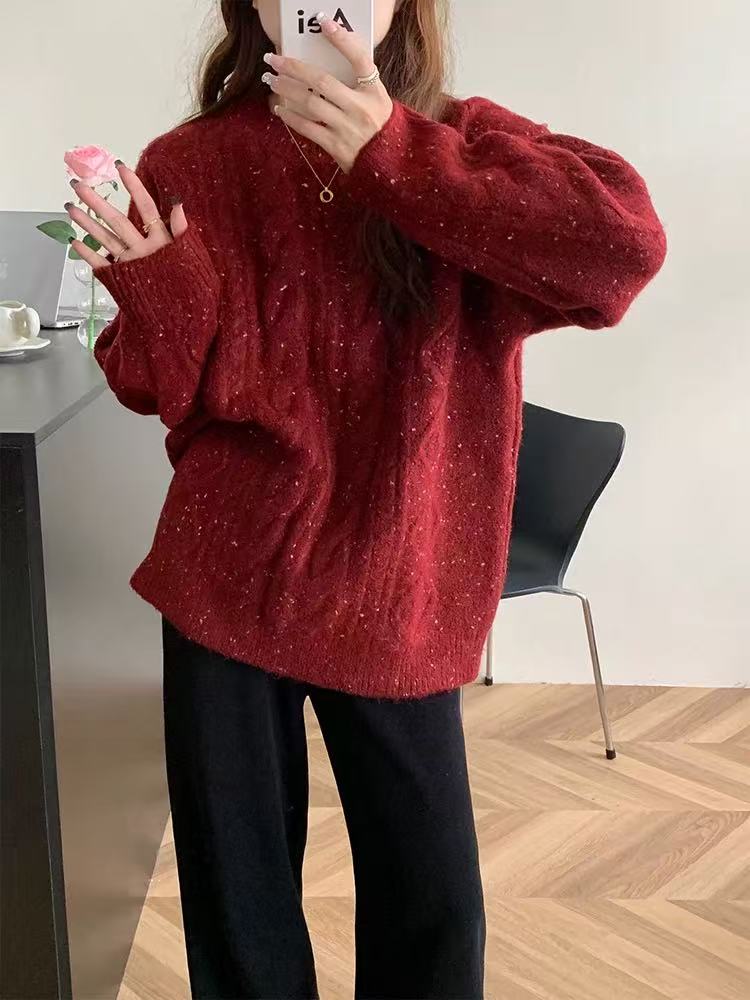 （玉姐家）秋冬新款百搭圆领彩色花纱麻花长袖毛衣f2111 J02473