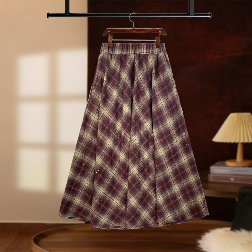 【GG专属】2025秋冬经典格纹洒银半身裙高腰设计显瘦显伞裙D8156