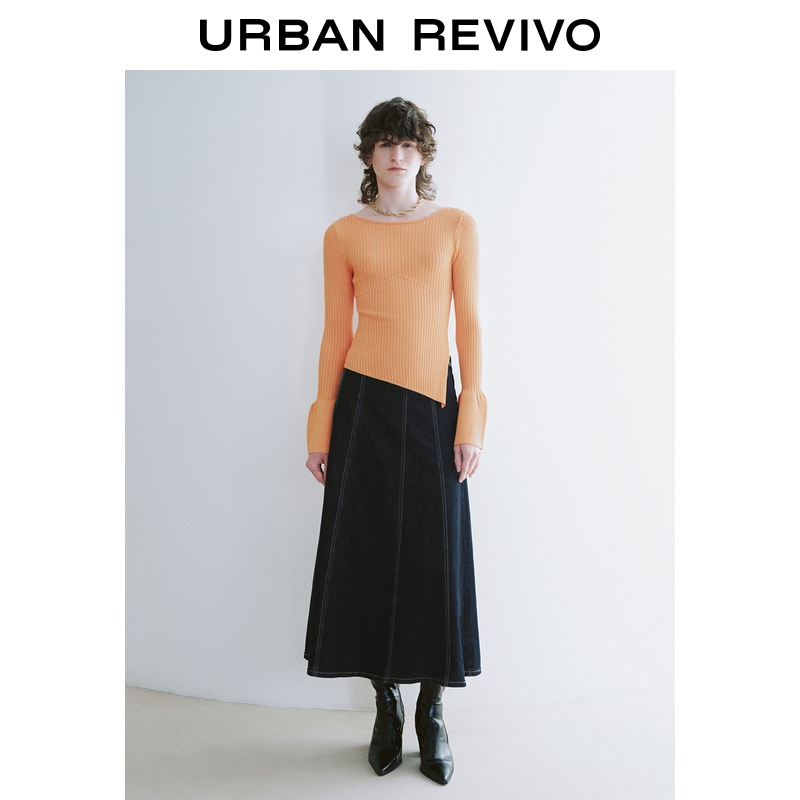 UR2025秋季新款女装丹宁回潮简约复古明线牛仔半裙UWG850162+