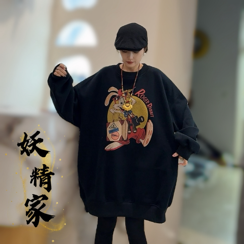 1935冬装宽松大版卡通图案减龄中长款加绒保暖圆领卫衣