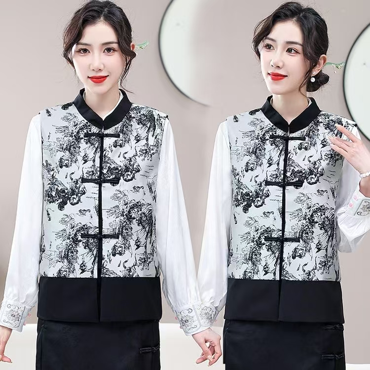新中式国风水墨画盘扣洋气立式马甲