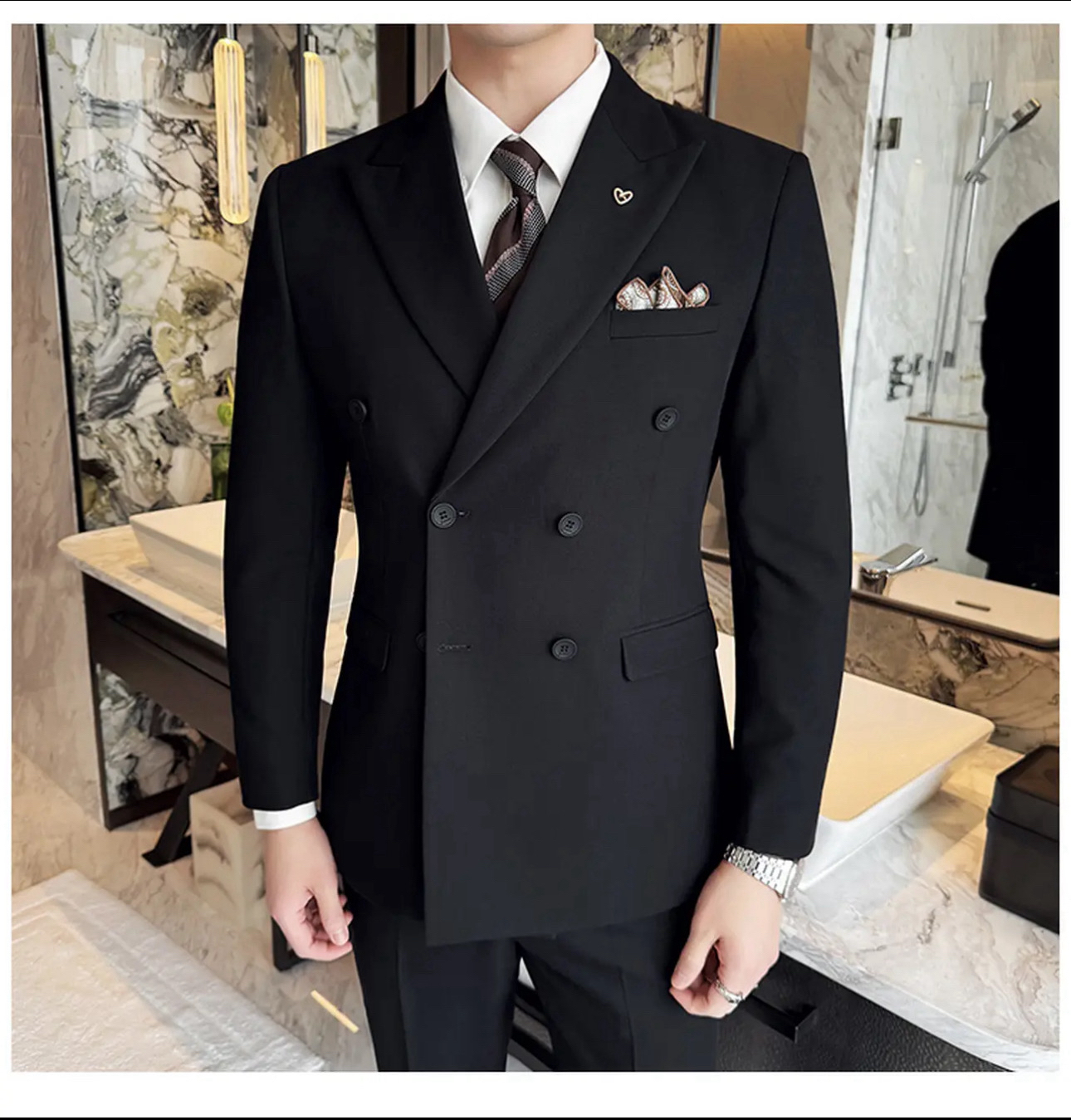 戗驳领双排扣西服套装男商务休闲修身新郎伴郎结婚礼服英伦风正装