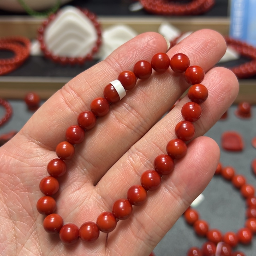 南红玛瑙未镶嵌手串玫锦双俏色满肉约7.6mm