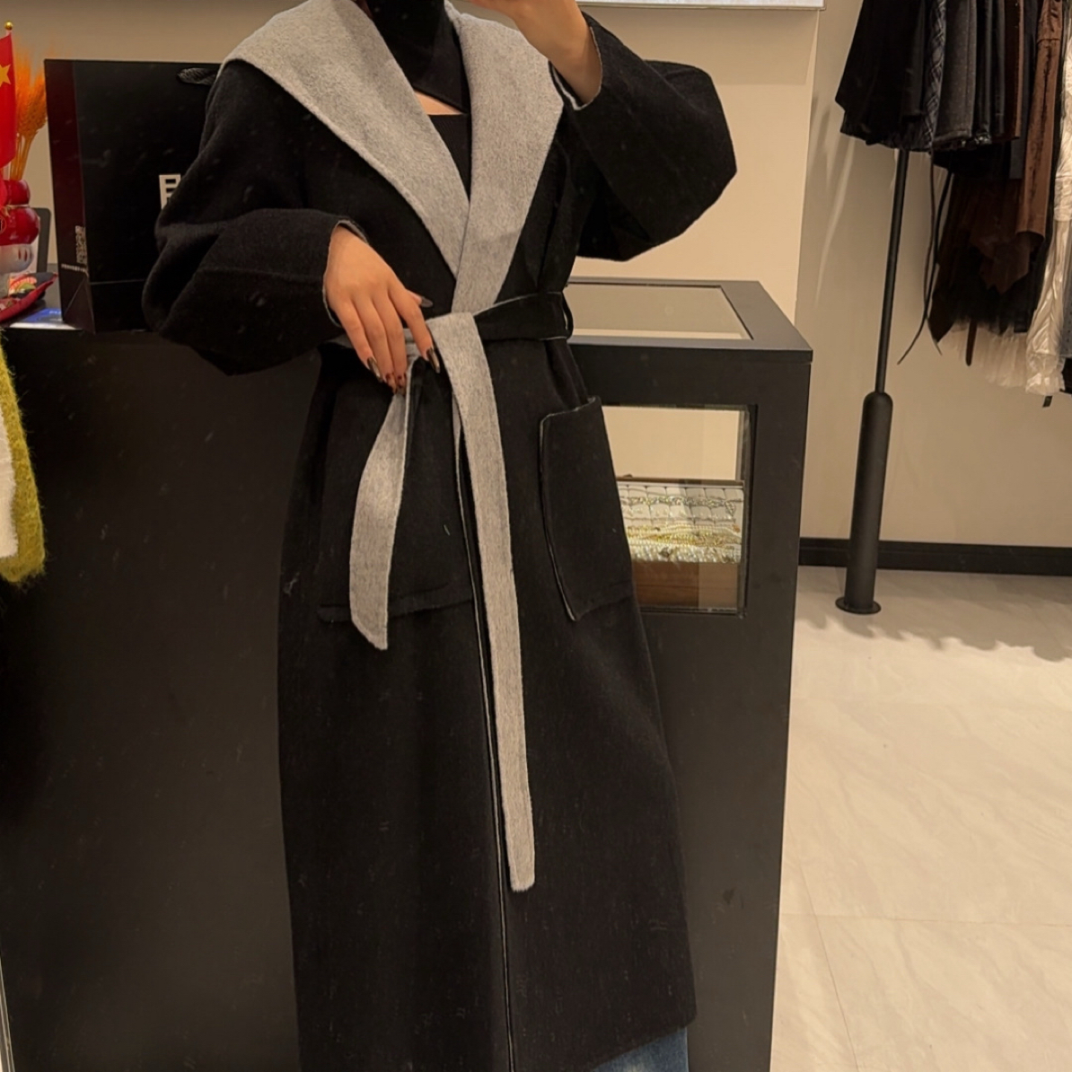 连帽长款厚款长袖翻领百搭气质羊毛大衣