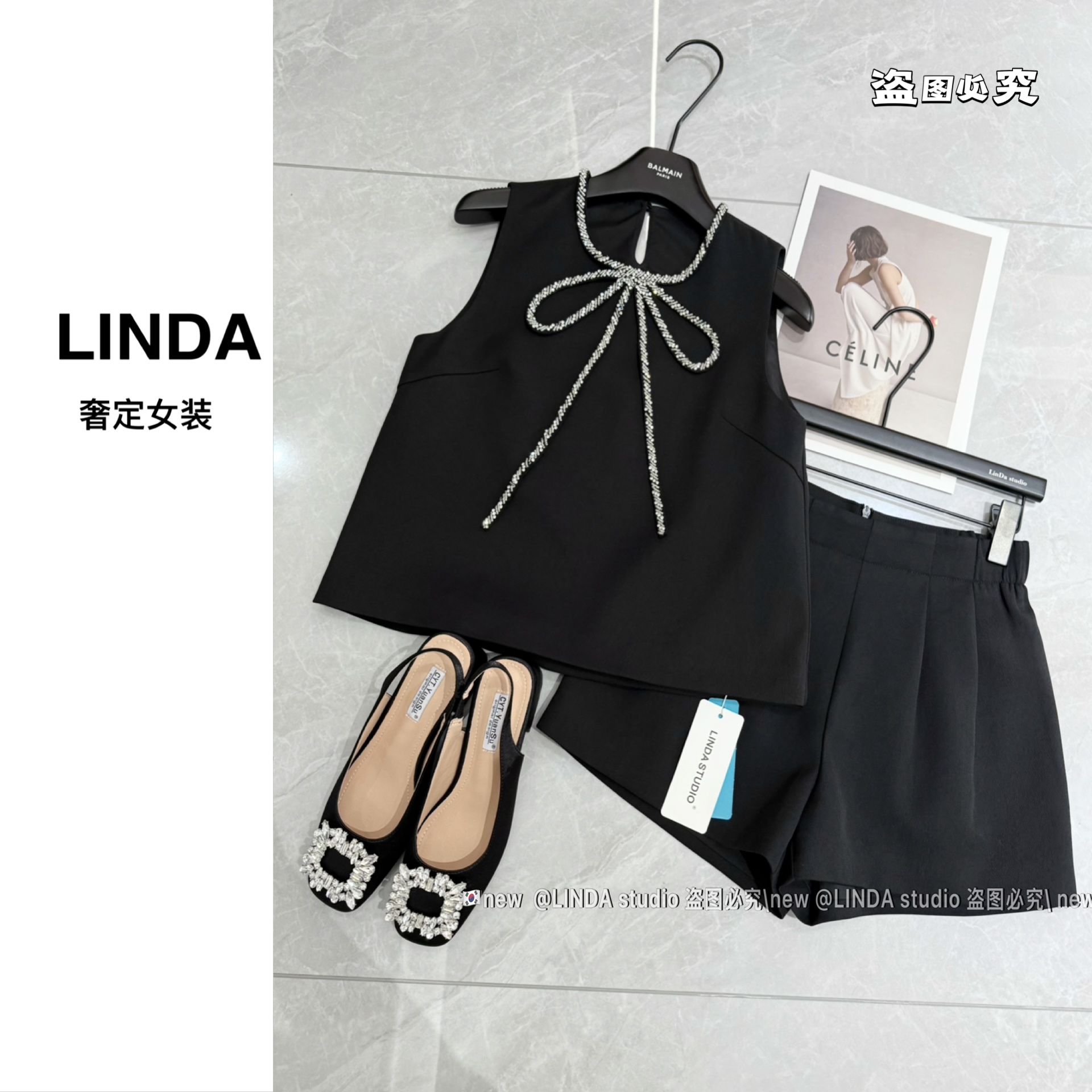 『富家千金』新款重工手工蝴蝶结 背心➕显瘦高腰短裤 两件套