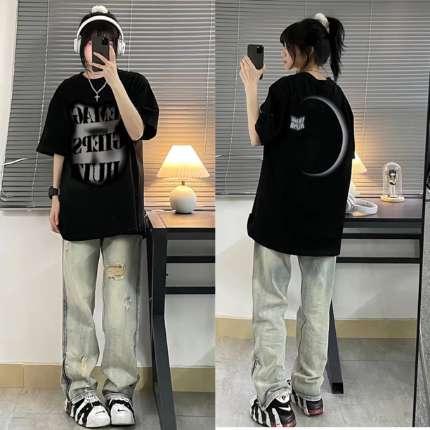 短袖复古高街设计感小众纯棉T恤女ins潮牌夏季黑短袖美式chic港味