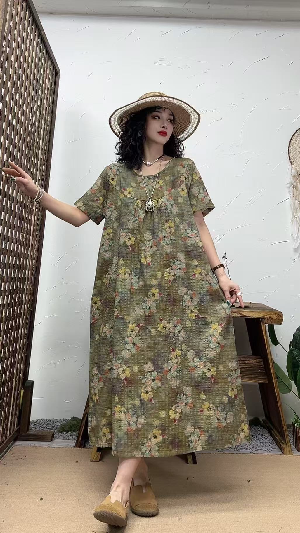 555夏季新款显瘦气质时尚女百搭休闲文艺复古印花洋气宽松连衣裙