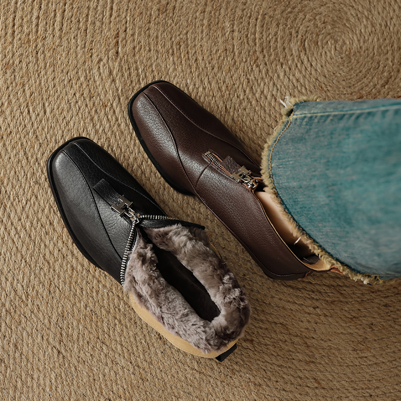 3cm[34-40]复古方头前拉链真皮短靴女2024冬季中跟厚绒羊毛雪地靴