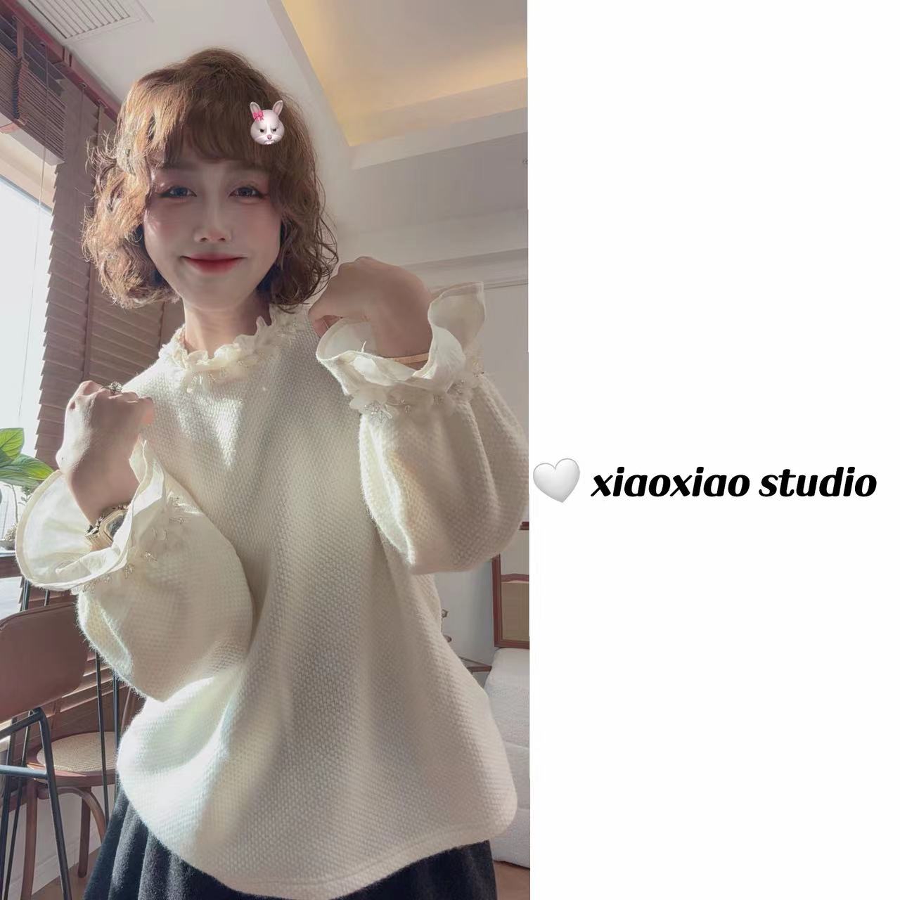 【雪莲花】【袖口领口超重工花朵】【针织面料柔软】潇潇自制上衣XM1226