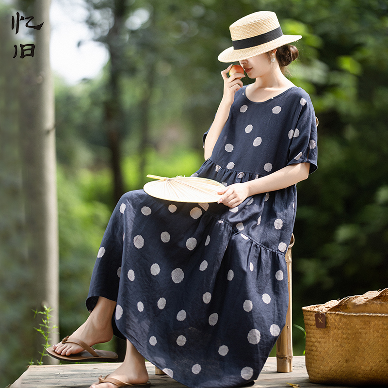 现货2813文艺印花波点裙女夏新款亚麻连衣裙圆领宽松长裙