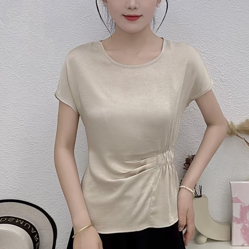 夏季圆领短袖T恤女宽松不规则褶皱设计上衣时尚气质百搭显瘦小衫